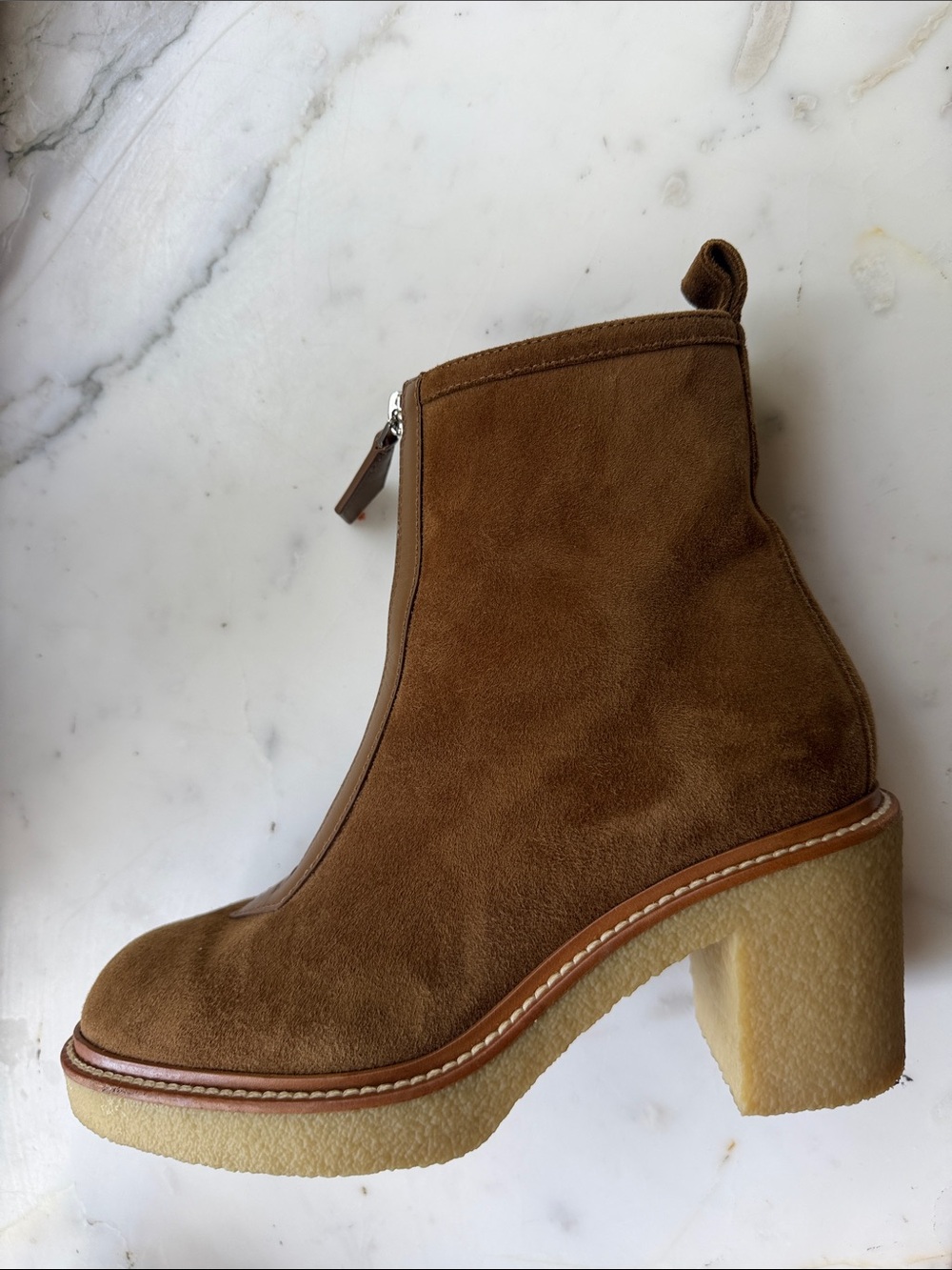 Hermes Brown Suede Block Heel Ankle Boot with Front Zip brand new